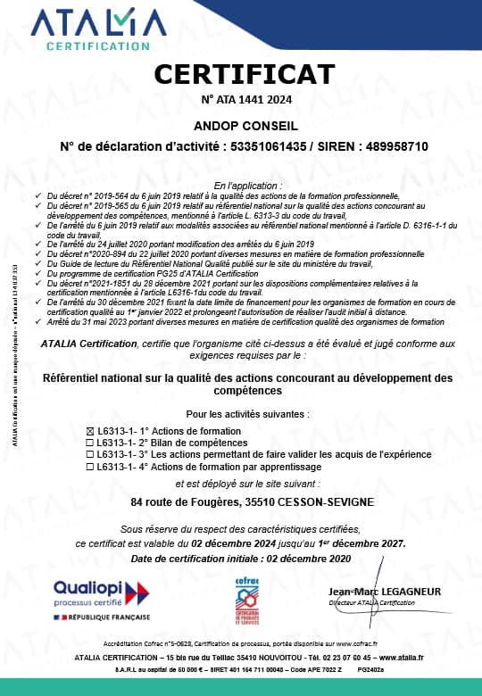 Nouveau certificat qualiopi Andop conseil